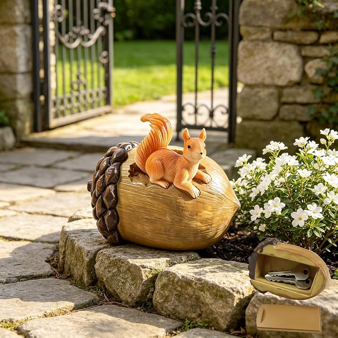 Key Hider Squirrel Acorn Waterproof Outdoor Resin Patio Decor Spare Key Box | Holds 1-2 Standard House Keys, Discreet Hidden Design Blends in Surroundings, Ideal Housewarming Present for New Neighbors