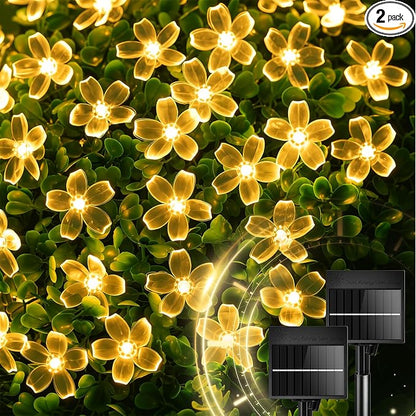 Brightown 60 LED Flower Solar String Lights Outdoor Waterproof, Fairy Lights for Garden Yard Fence Patio Christmas Tree Wedding Party Decor, Warm Whtie, 2 Pack