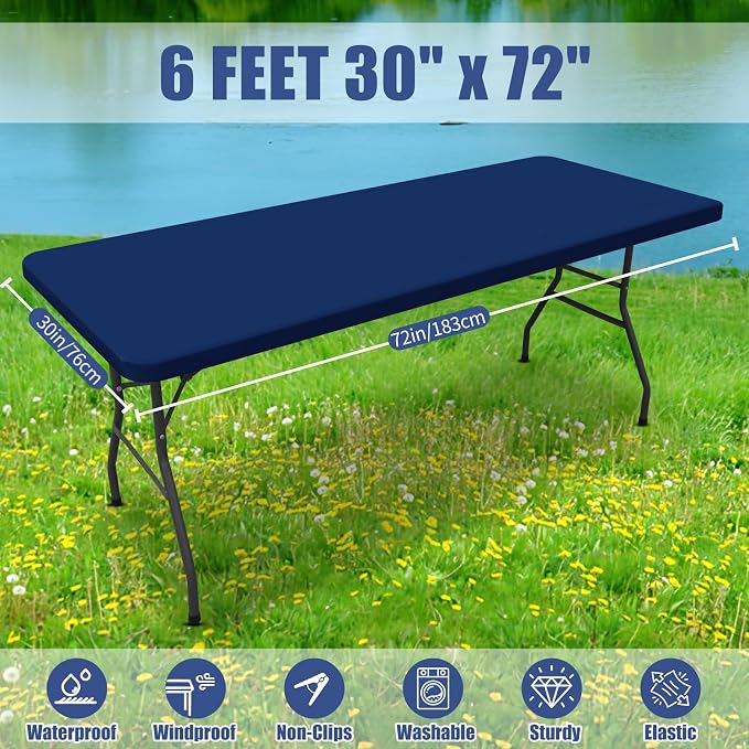 Moosfor Spandex 6 Foot Rectangle Table Cloth, Elastic Fitted Tablecloths for Picnic, Stretch Washable Patio Table Cover for Outdoor, Camping, Banquet and Parties (Navy, 30"x72")