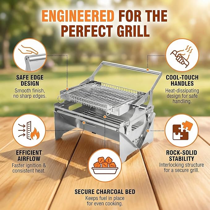 Portable 360° Rotating Charcoal Grill with Flipping Basket, Stainless Steel Flip BBQ Grill for Camping & Outdoor, Easy to Clean Detachable Design, New Upgrade