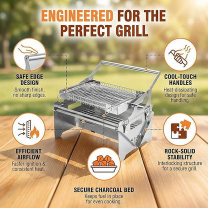 Portable 360° Rotating Charcoal Grill with Flipping Basket, Stainless Steel Flip BBQ Grill for Camping & Outdoor, Easy to Clean Detachable Design, New Upgrade