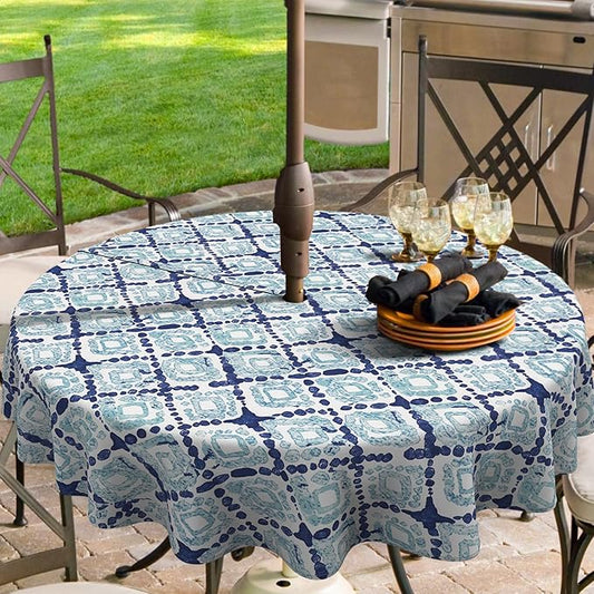 Outdoor/Indoor Round Tablecloth with Umbrella Hole Zipper, Decorative Circular Table Cover for Home Garden, 60 Inch, Boho Geometry Blue