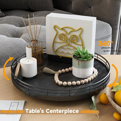AMH 12-Inch Oak Lazy Susan Vanity Tray with Black Brush Gold Metal Rail | Smooth rotating oak tray with walnut finish for dining tables, kitchen counters, pantries and cabinet storage.