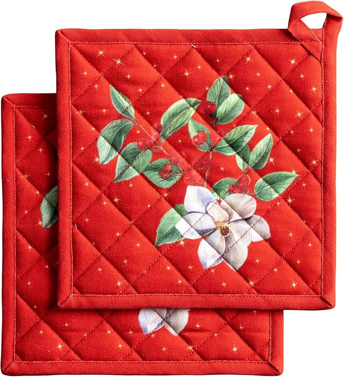 Maison d' Hermine Pot Holders 100% Cotton Potholders (8" x 8", Pack of 2) | Heat Resistant Hot Pads with Loop BBQ Cooking Baking Hotel Kitchen Handling Hot Pans Thanksgiving Christmas - Noel
