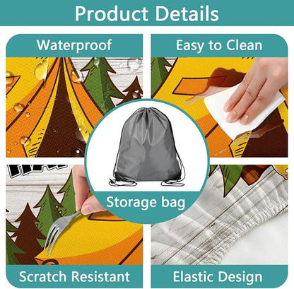 JAWO Happy Camper Picnic Table Cover Set with Bench Covers Camping Theme Tablecloth Fitted Picnic Table Cover with Elastic Windproof and Waterproof Fabric, Camping Accessories Patio & Outdoor