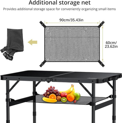 Anbte Folding Camping Table, 36" x 24" Picnic Table with Storage Net, Black | Adjustable Height Max 29.5 inch, Aluminum Alloy Small Folding Table, Lightweight, Portable Handle for Travel Outdoor Cooking