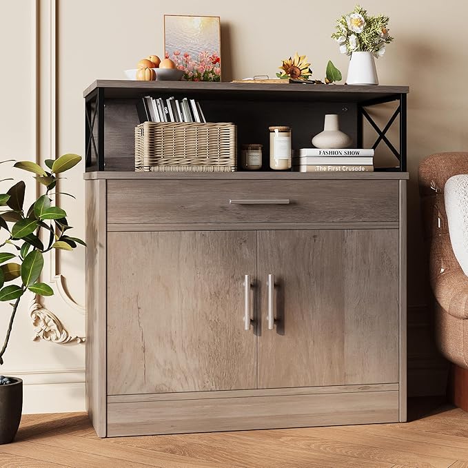 Vongrasig Farmhouse Coffee Bar Cabinet, Modern Sideboard Buffet Table with Adjustable Shelf, Storage Cabinet for Kitchen, Dining Room, Ash Grey