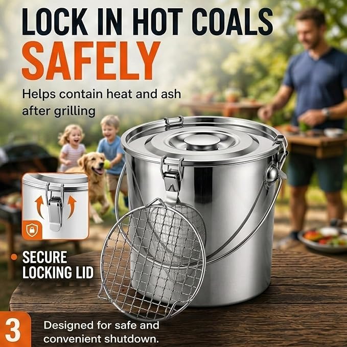 4 Pcs Charcoal Saver Extinguishing Bucket Set for Ash Collection | Heavy Duty Stainless Steel with Lockable Lid, 3 Gallon Capacity for Hot Charcoal, Grills, Campfires and Wood Burning Stoves