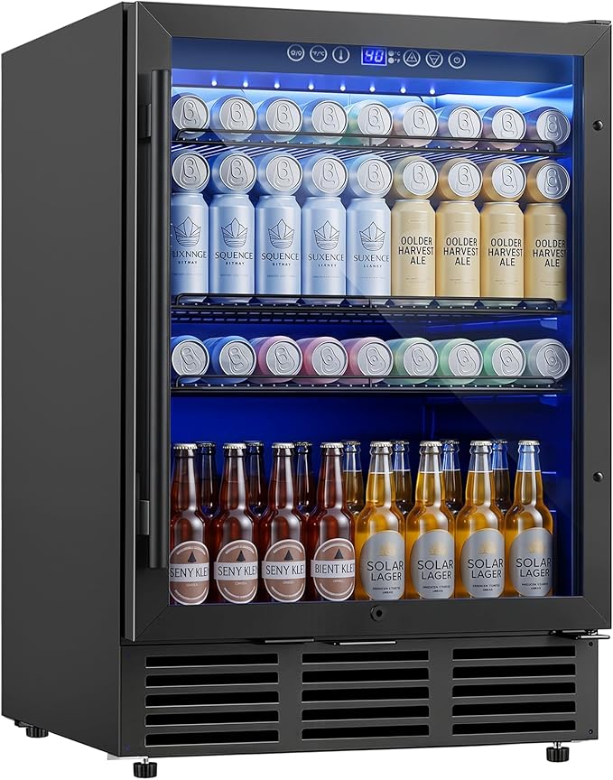 24 Inch Beverage Refrigerator 180 Cans | Under Counter Glass Door | 24 in beverage refrigerator, 180 cans, glass door, LED, lock, built-in or freestanding, quiet cooling for home, bar, kitchen