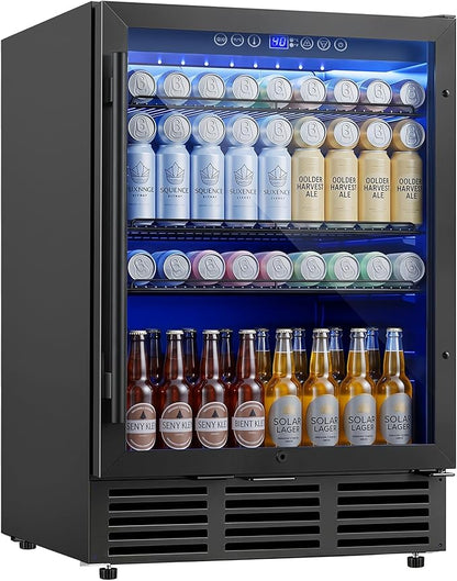 24 Inch Beverage Refrigerator 180 Cans | Under Counter Glass Door | 24 in beverage refrigerator, 180 cans, glass door, LED, lock, built-in or freestanding, quiet cooling for home, bar, kitchen