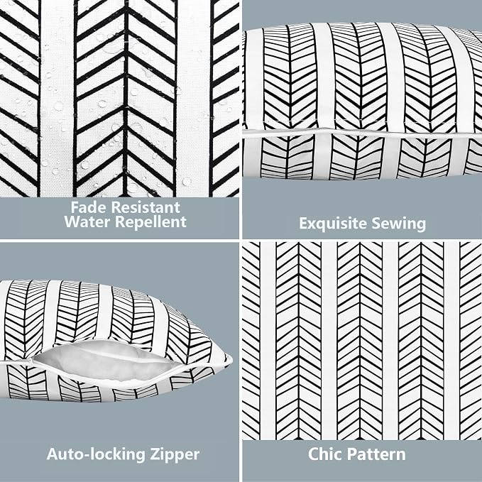LVTXIII 2 Pack Outdoor Lumbar Pillow Covers 12x20 Inch with Piping, Water-Repellent Back Cushion Covers ONLY for Patio Furniture, Sofa, Garden Bench, Herringbone Black White
