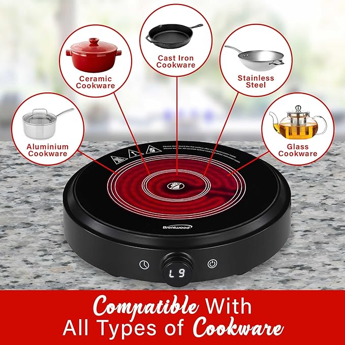 Brentwood Select 1500w 10-Inch Countertop Infrared Single Burner with Digital Touch Buttons, Knob, 9 Heat Settings, 99 Minute Timer, Black