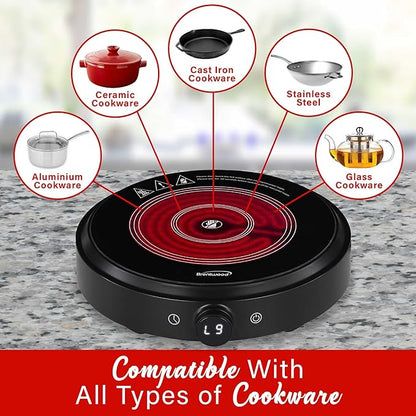 Brentwood Select 1500w 10-Inch Countertop Infrared Single Burner with Digital Touch Buttons, Knob, 9 Heat Settings, 99 Minute Timer, Black