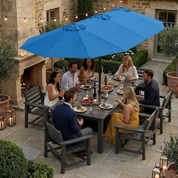 Kingdura 15ft Large Patio Umbrella with Base Included, Double-Sided Rectangle Outdoor Table Umbrella with 12 Reinforced Ribs, Crank Lift for Market Pool Deck Backyard, Royal blue