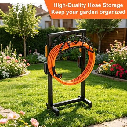 VyGrow Garden Hose Holder, Freestanding Heavy Duty Water Hose Holder for Outside, Upgraded Metal Hose Stand with 4 Spikes, Detachable Garden Hose Storage Hose Reel Rack, Black