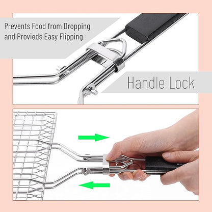 UNCO- Fish Grilling Basket, 2 Sets, Folding Portable Stainless Steel BBQ Grill Basket with Removable Handle and Silicon Basting Brush for Fish, Vegetables, Shrimp, Gifts for Dad, Husband & Friend