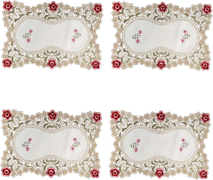 LeLehome Set of 4 Flower Embroidered Placemats, Oblong Red Rose Lunchmats Place Mats, Home Kitchen Dining Restaurant Party Indoor Decor Table Mats, 18 Inch X 12 Inch