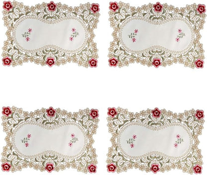 LeLehome Set of 4 Flower Embroidered Placemats, Oblong Red Rose Lunchmats Place Mats, Home Kitchen Dining Restaurant Party Indoor Decor Table Mats, 18 Inch X 12 Inch