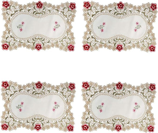 LeLehome Set of 4 Flower Embroidered Placemats, Oblong Red Rose Lunchmats Place Mats, Home Kitchen Dining Restaurant Party Indoor Decor Table Mats, 18 Inch X 12 Inch