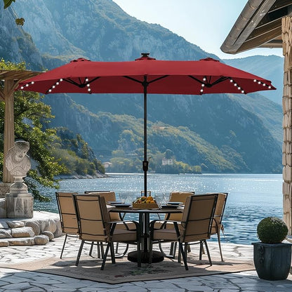 HERA'S PALACE 13 ft Patio Umbrella with 120 LED Solar Lights Double Sided Outdoor Umbrella for Patio 8 Colors Changing Table Umbrella for Garden Pool, Orange Red