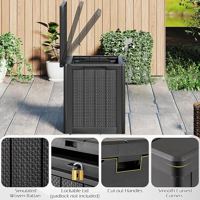 Giantex 25 Gallon Outdoor Storage Box, Patio Deck Box with Lockable Lid, Wicker-woven Texture, Waterproof Storage Bench for Pool Accessories, Garden Tools, Package Delivery, Patio Furniture (Black)