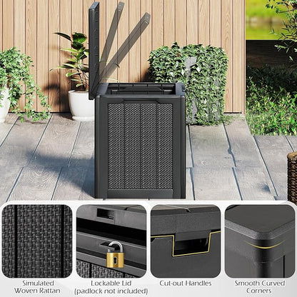 Giantex 25 Gallon Outdoor Storage Box, Patio Deck Box with Lockable Lid, Wicker-woven Texture, Waterproof Storage Bench for Pool Accessories, Garden Tools, Package Delivery, Patio Furniture (Black)