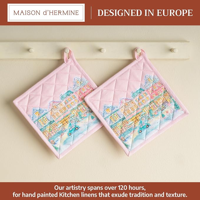 Maison d' Hermine Pot Holders 100% Cotton Potholders (8" x 8", Pack of 2) | Heat Resistant Hot Pads with Loop BBQ Cooking Kitchen Handling Hot Pans Thanksgiving Christmas - Christmas Market - Pink