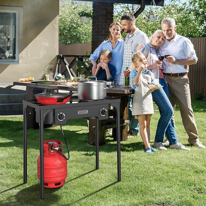 ROVSUN 2 Burner Outdoor Propane Gas Stove with Adjustable Regulator, 150,000 BTU High Pressure Stand Cooker for Backyard Cooking Camping Home Brewing Canning Turkey Frying