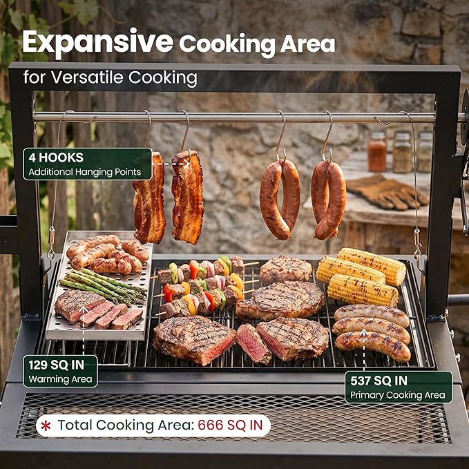 Argentine Santa Maria Grill, Wood Fire & Charcoal BBQ Grill with Adjustable Height Grates, Argentinian Open Fire Grill with S-Hooks and Foldable Front Table for Outdoor Patio Backyard Gaucho Grilling