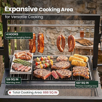 Argentine Santa Maria Grill, Wood Fire & Charcoal BBQ Grill with Adjustable Height Grates, Argentinian Open Fire Grill with S-Hooks and Foldable Front Table for Outdoor Patio Backyard Gaucho Grilling