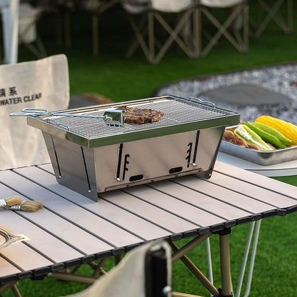 Foldable Portable Charcoal BBQ Grill Stainless Steel Outdoor Barbecue Stove Tabletop Cooker for Picnic Patio Camping Tailgating Travel Backyard Cooking with Removable Grate Compact Fire Pit