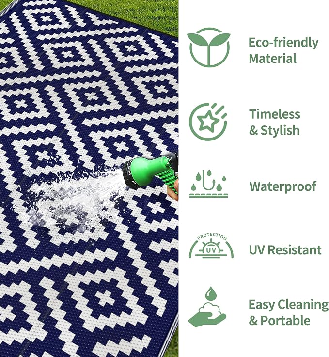GENIMO Outdoor Rug, Waterproof Plastic Rugs for Patio, 4'x6' Blue White | Outside Larger Modern Carpet Mat for Porch Decor, Deck, Balcony, Camping, RV, Backyard, Picnic, Beach, Reversible, Foldable