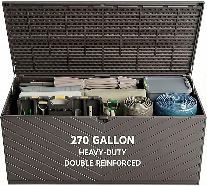 270 Gallon All-Weather Deck Box, Lockable Waterproof Resin Storage with UV Resistance for Patio Furniture, Garden Tools, Pool Accessories (Brown)