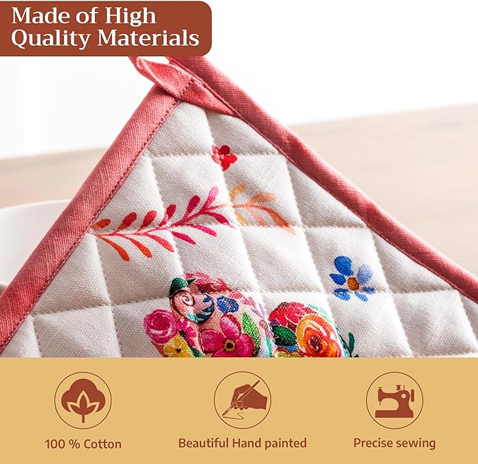Maison d' Hermine Pot Holders 100% Cotton Heat Resistant Potholders 8" x 8" Hot Pads with Loop Baking Hotel Farmhouse Kitchen Handling Hot Pans Spring Summer (Pack of 1, Happy Florals - High Summer)