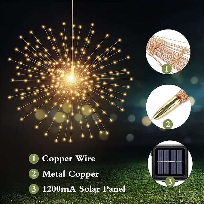 PXBNIUYA Solar Starburst Sphere Lights,200 LED Firework Light, 8 Modes Dimmable Waterproof Hanging Fairy Light, Copper Wire Lights for Patio Tent Parties Christmas -NO Remote (Warm White)