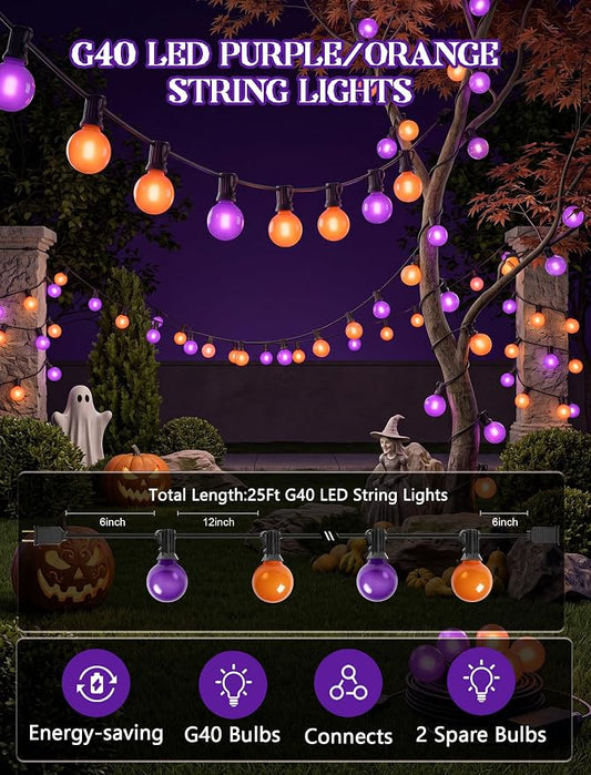 Orange and Purple Halloween Lights Outdoor, 25Ft 27 G40 Shatterproof Bulbs | Connectable Globe Patio Lights, Waterproof Halloween Decorations Lights for Outdoor Indoor Patio Home Party Garden Yard Decor