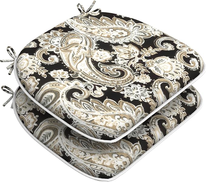 DYTXIII Set of 2 Outdoor Chair Cushions with Ties,Water Repellent Patio Chair Pads 17"x 16" for Outdoor Furniture,Round Corner Seat Cushions for Garden Yard Kitchen Paisley Black