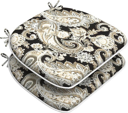 DYTXIII Set of 2 Outdoor Chair Cushions with Ties,Water Repellent Patio Chair Pads 17"x 16" for Outdoor Furniture,Round Corner Seat Cushions for Garden Yard Kitchen Paisley Black