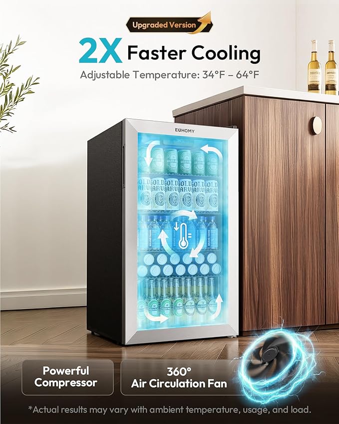 EUHOMY Mini Fridge 130 Can Beverage Refrigerator Cooler Glass Door for Soda Wine Beer, Beverage Cooler for Home, Bar, Office with Digital Temperature Control Adjustable Shelves, 3.2 Cu.Ft, Silver