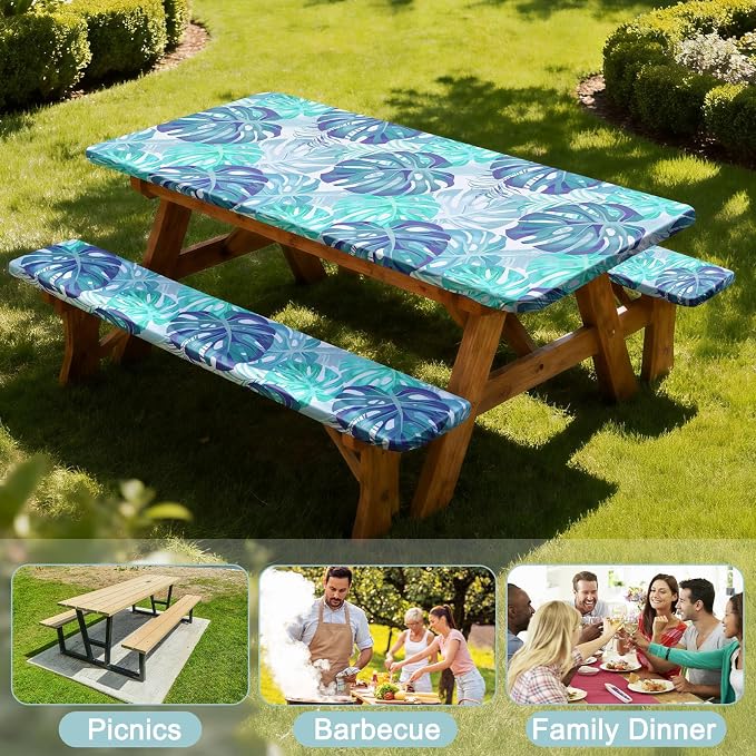 Picnic Table Cover with Bench Covers Windproof Waterproof Picnic Table Covers Camping Tablecloth with Self-Storage Bag, 72in, Tropical Aqua