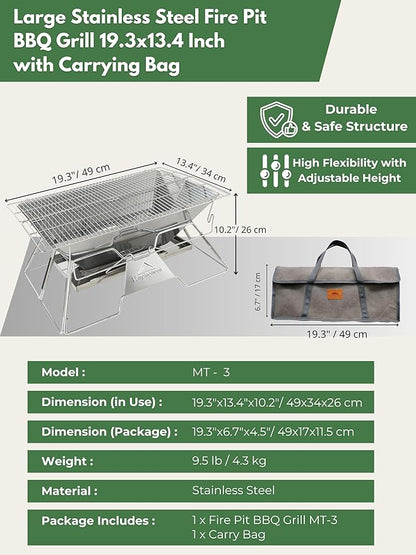 CAMPINGMOON Large Portable Campfire Fire Pit BBQ Grill Stainless Steel Foldable Collapsible Wood Burning Charcoal Grill for Heavy Duty Outdoor Cooking RV Camping, 20x13-inch, Carry Bag included MT-3