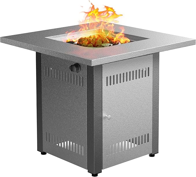 LEGACY HEATING Gas Fire Pit Table 28 inch Outdoor Propane Fire Pit Table, 50000 BTU 28" Square Fire Table with Lid & Lava Rock, Silver Grey Texture, for Outside Patio Yard Party Balcony and Lawn