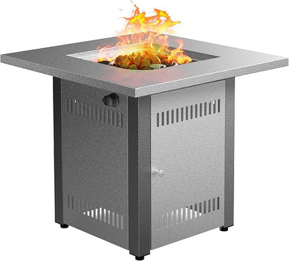 LEGACY HEATING Gas Fire Pit Table 28 inch Outdoor Propane Fire Pit Table, 50000 BTU 28" Square Fire Table with Lid & Lava Rock, Silver Grey Texture, for Outside Patio Yard Party Balcony and Lawn