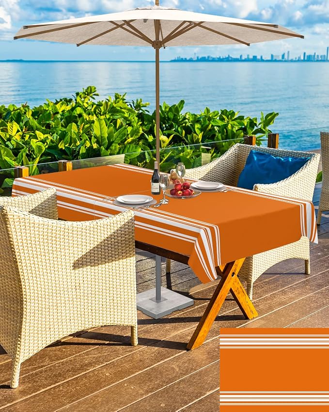 Queenker Fall Outdoor Tablecloth with Umbrella Hole,Farmhouse Orange White Stripe Rectangle Tables Zippered Table Cloth Waterproof Tabletop Cover Collection for Patio,Garden,Picnic,Camping,Dining