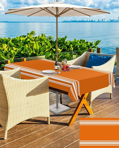 Queenker Fall Outdoor Tablecloth with Umbrella Hole,Farmhouse Orange White Stripe Rectangle Tables Zippered Table Cloth Waterproof Tabletop Cover Collection for Patio,Garden,Picnic,Camping,Dining