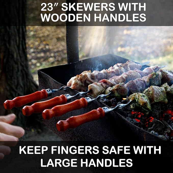 Premium BBQ Skewers with Wooden Handles 23.6" Shish Kabob Skewers Stainless Steel Long & Reusable Kabob Sticks Barbecue Skewers for Grilling Set of 6 Piece (6, 23.6 Inches)