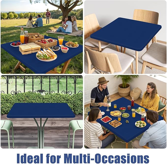 Moosfor 2 Pack Square Spandex Fitted Table Cloth, Elastic Tablecloth | Washable Picnic Table Cover, Stretch Waterproof Table cloths for Party, Patio, Dining, Kitchen, 42" x 42", Navy