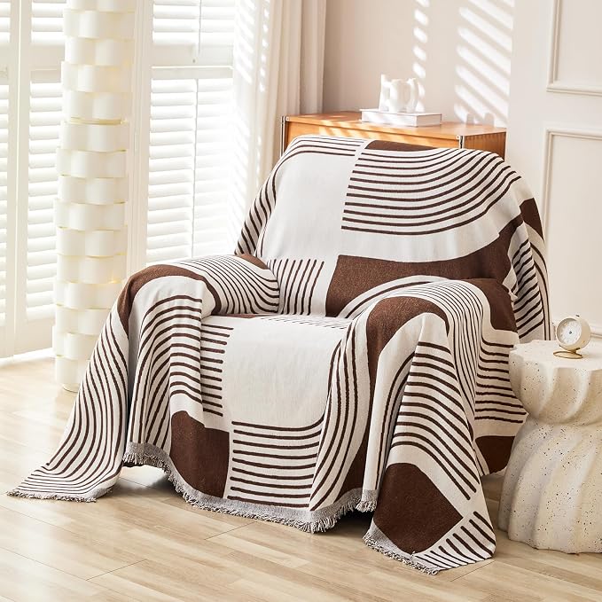 WEYOND Boho Couch Cover, Chenille Sofa Covers Washable, 71" x 91", Coffee | Bohemian Sofa Slipcover with Tassels for 1 Cushion Couch, Armchair, Chair, 1 Seater