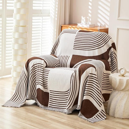 WEYOND Boho Couch Cover, Chenille Sofa Covers Washable, 71" x 91", Coffee | Bohemian Sofa Slipcover with Tassels for 1 Cushion Couch, Armchair, Chair, 1 Seater