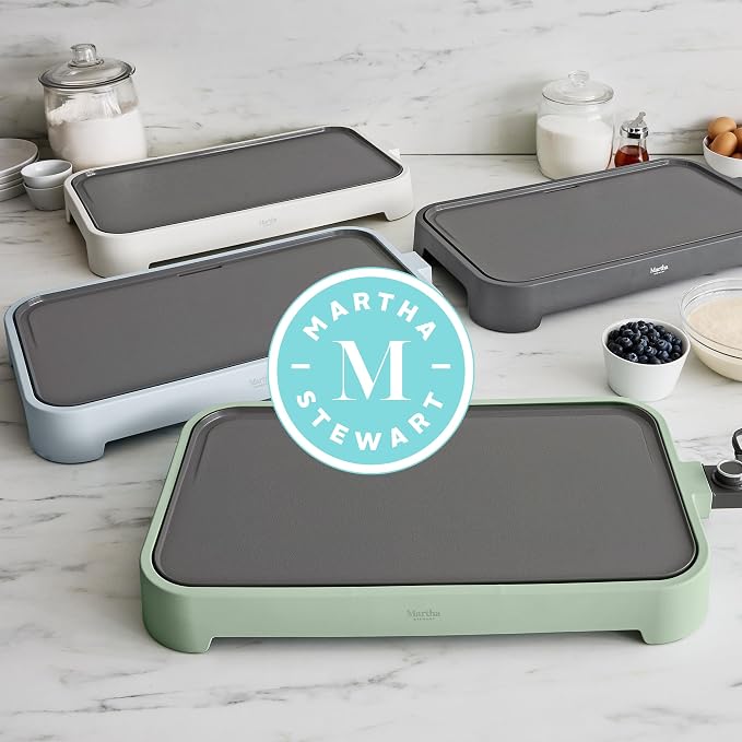 Martha Stewart 12"x 22" XL Electric Griddle, Ceramic Nonstick Flat Top | PFAS-Free Nonstick Grill, XL Cooking Surface for Pancakes & Eggs, Adjustable Temp Dial, Drip Tray, 1500W Heating, Honeydew